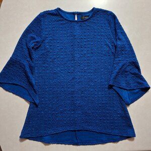 Calessa Blue Textured Puckered Stretch Knit Crew Neck 3/4 Bell Sleeve Top - S